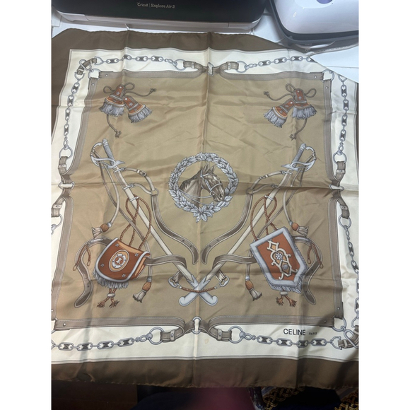 Celine Accessories - Women's Celine Beige & Brown Horse Print Silk Scarf One Size